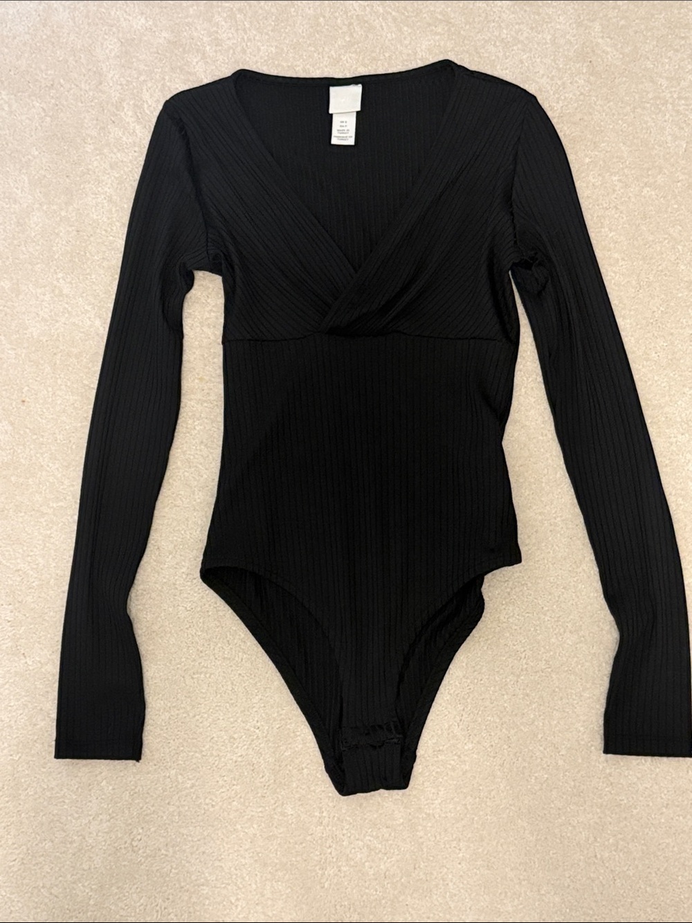 H&M Long-Sleeve Black Ribbed Bodysuit with Crossover V-Neck - Size S